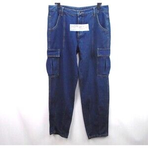 Men Denim Workwear Cargo Pants Size XL (36x33) Relaxed Fit Blue Parachute Pocket